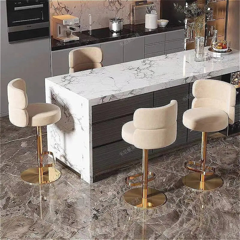 Tabouret de Bar Velours Crème & Laiton Doré Luxe - Monaco (Lot de 2)