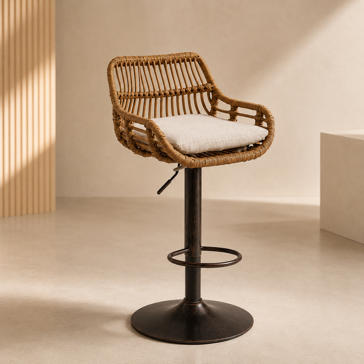 Tabourets de Bar en Rotin Tressé avec Coussin Lin - Saint-Tropez