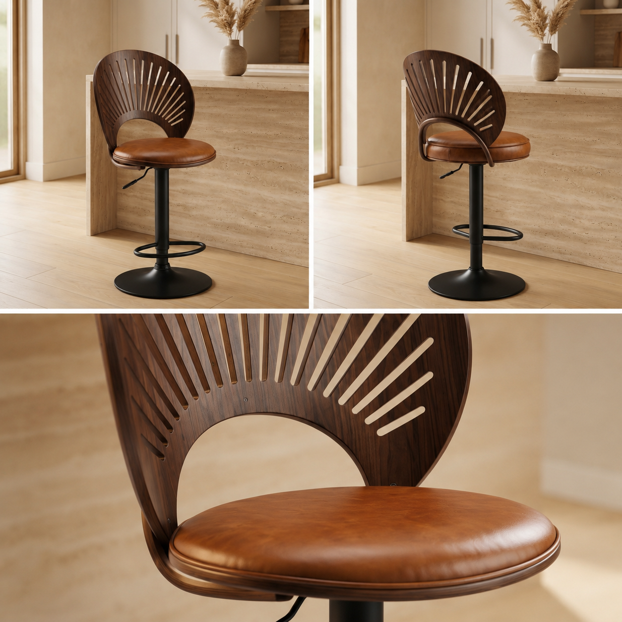 Tabouret de Bar Art Déco Dossier Soleil en Noyer - Versailles