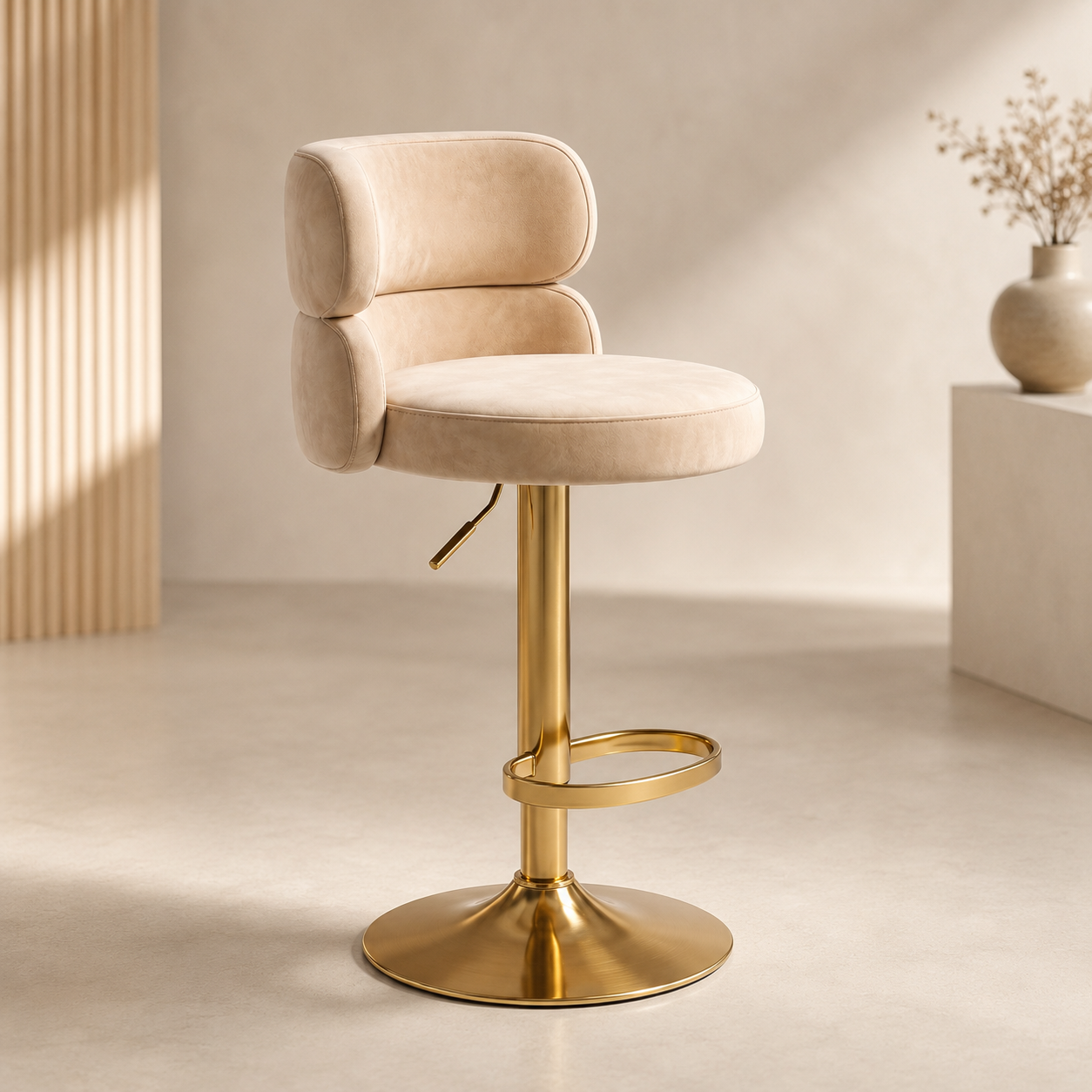 Tabouret de Bar Velours Crème & Laiton Doré Luxe - Monaco (Lot de 2)