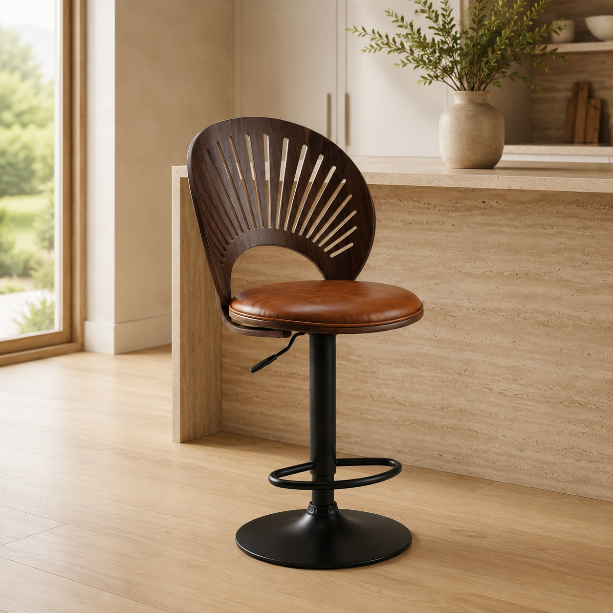Tabouret de Bar Art Déco Dossier Soleil en Noyer - Versailles