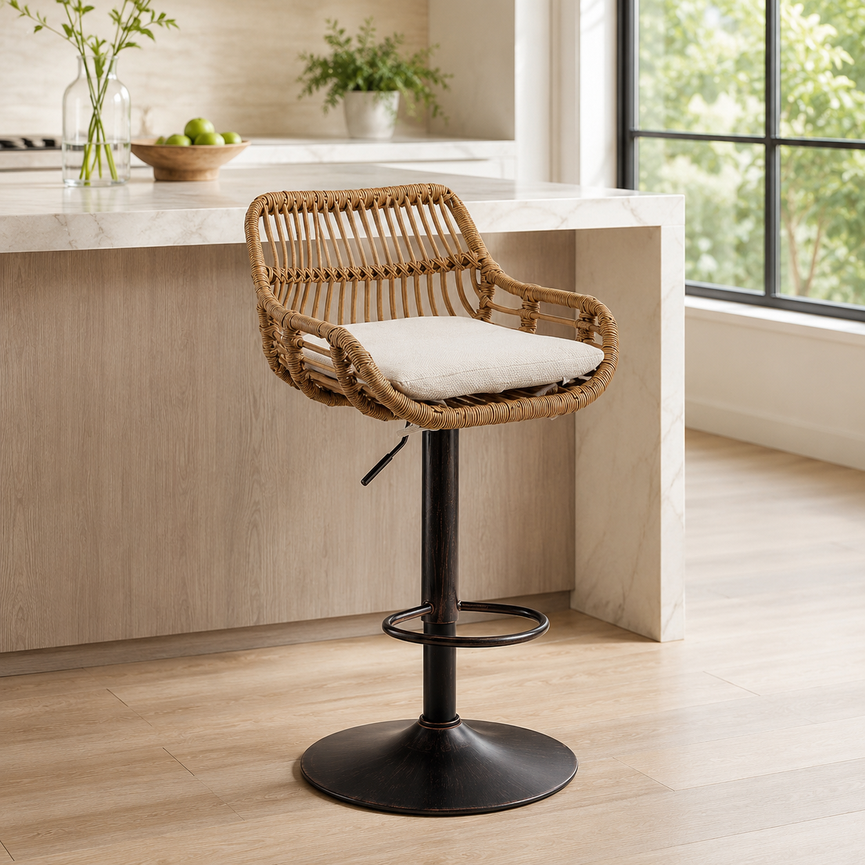 Tabourets de Bar en Rotin Tressé avec Coussin Lin - Saint-Tropez