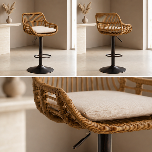 Tabourets de Bar en Rotin Tressé avec Coussin Lin - Saint-Tropez