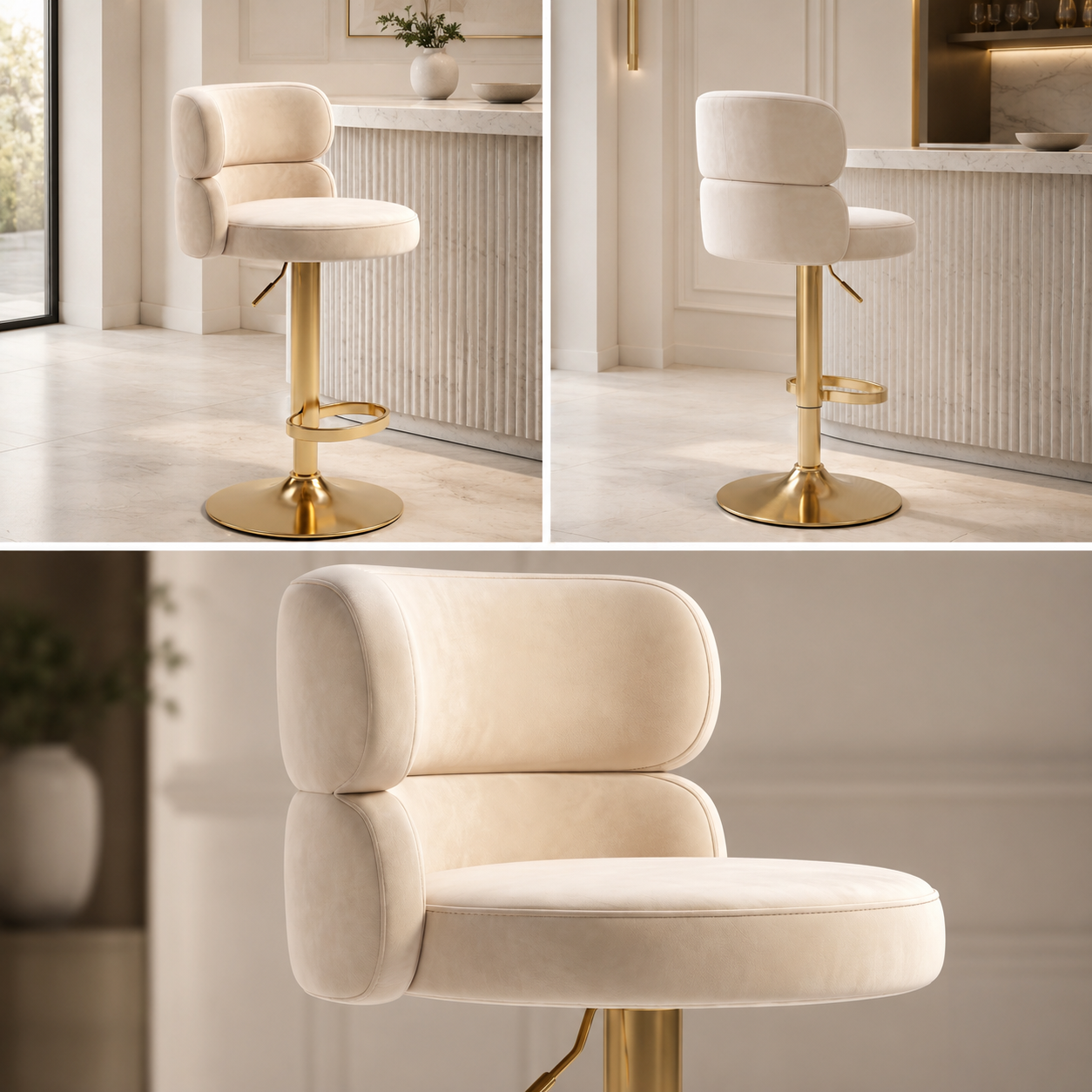 Tabouret de Bar Velours Crème & Laiton Doré Luxe - Monaco (Lot de 2)