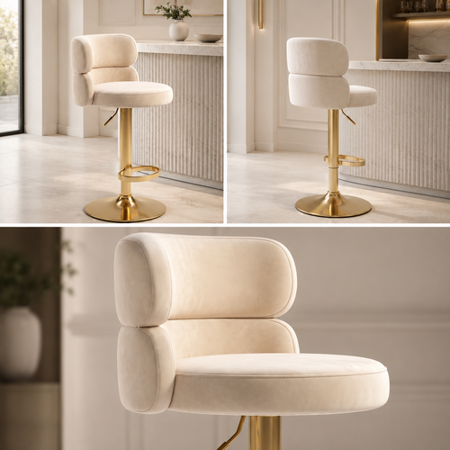 Tabouret de Bar Velours Crème & Laiton Doré Luxe - Monaco (Lot de 2)
